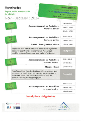 Planning des Espace public numérique de novembre et décembre